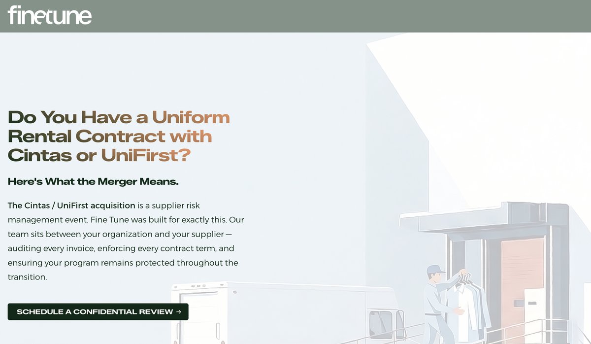 Fine Tune landing page headlined Do You Have a Uniform Rental Contract with Cintas or UniFirst, built around the merger.