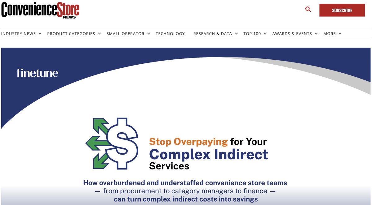 Convenience Store News page hosting a Fine Tune interactive feature headlined Stop Overpaying for Your Complex Indirect Services.