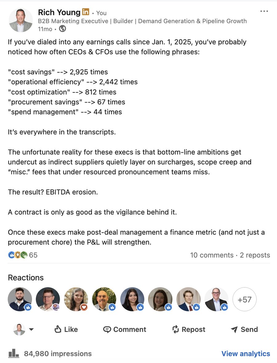 LinkedIn post by Rich Young analyzing how often CEOs and CFOs mention cost savings on earnings calls.